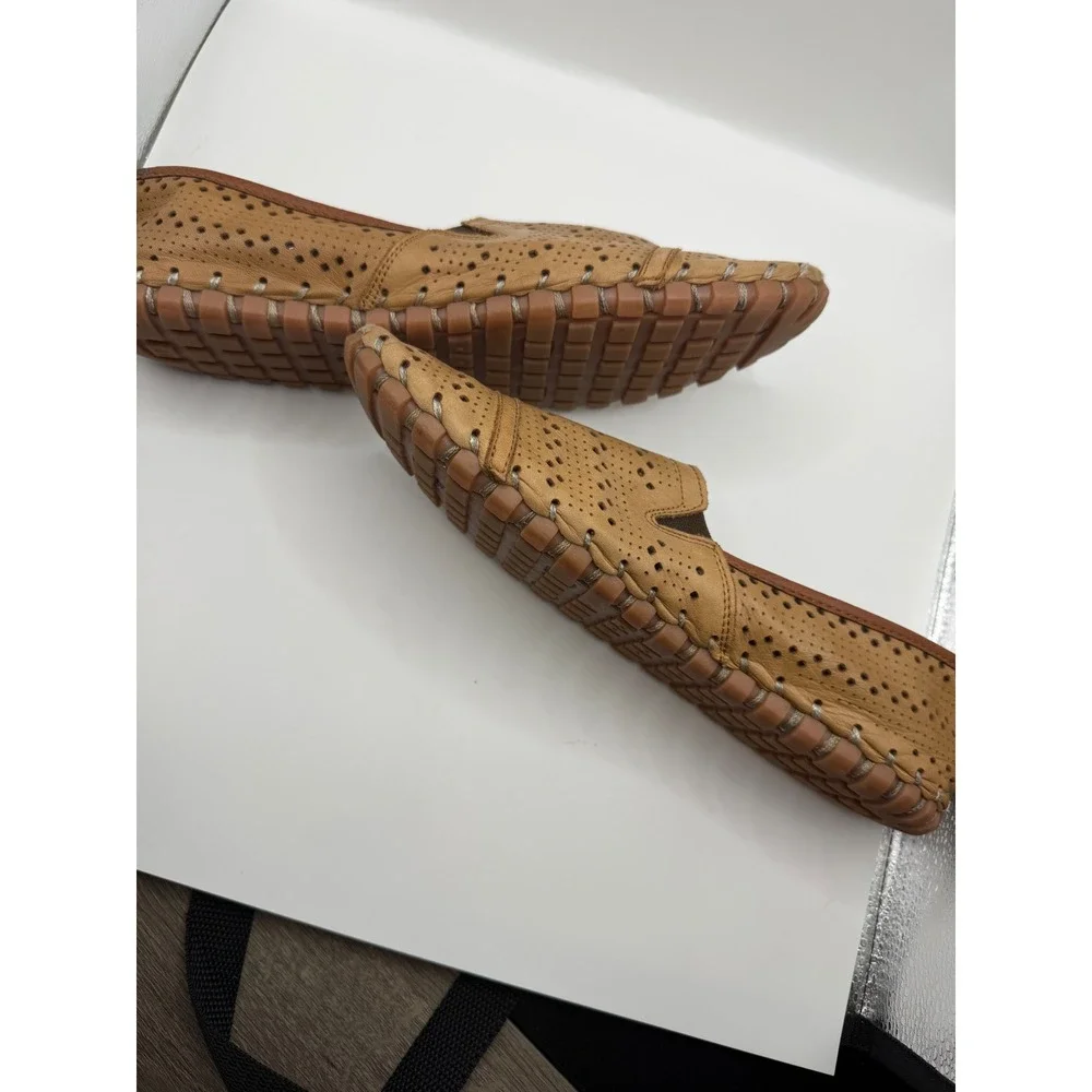 Spring Step Tan Leather Perforated Loafers Womens 41 Slip On Flats Turkey Made